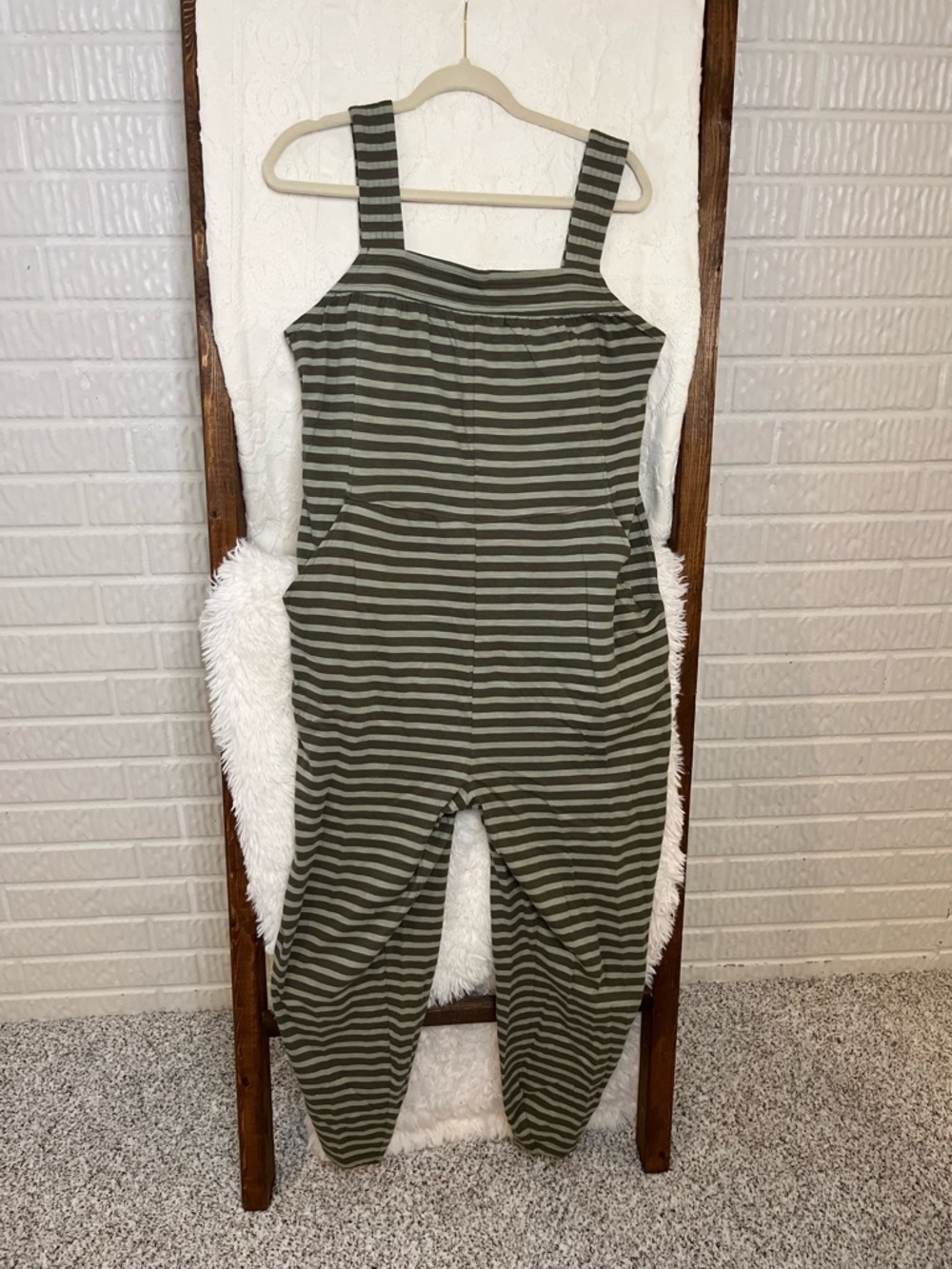 NWT Pact Organic Cotton Striped Wide Leg Jumpsuit - Olive & Grey - Picture 3 of 5